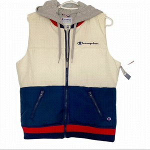 Champion puffer vest with hood M cream & navy NWT